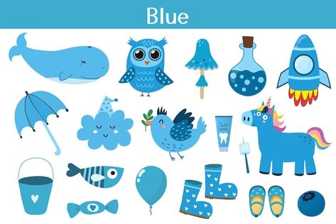 Blue Objects, Learning Colors For Kids, Barbie Invitations, Color Sorting Activities, Kids Worksheet, Colors For Kids, Learning Poster, Kids Vector, Hand Crafts For Kids