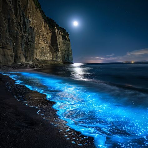 Moonlit Bioluminescent Beach: A mesmerizing view of a moonlit beach with glowing bioluminescent waves against towering dark cliffs. #moonlight #beach #bioluminescence #cliffs #night #aiart #aiphoto #stockcake ⬇️ Download and 📝 Prompt 👉 https://ayr.app/l/V39k Ocean Bioluminescence, Bioluminescence Aesthetic, Glowing Water Beach, Bioluminescent Ocean, Glowing Beach, Bioluminescence Beach, Bioluminescence Beach Painting, Bioluminescence Beach Wallpaper, Bioluminescence Beach Aesthetic