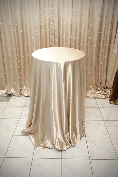 Champagne Satin Linen on High Top Table Champagne Tablecloth, High Top Table Kitchen, Champagne Table, Satin Tablecloth, High Top Tables, Pub Set, Outside Furniture, Pub Table Sets, Patio Bar Set