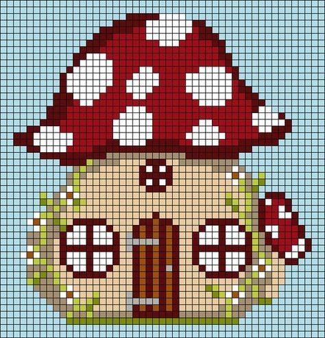 Fairy Cross Stitch Pattern Free, Perler Wall Decor, Mushroom Perler Bead Patterns, Cute Alpha Patterns, Pixel Art Pattern Design, House Cute, Mushroom Cottage, Summer Forest, Easy Pixel Art