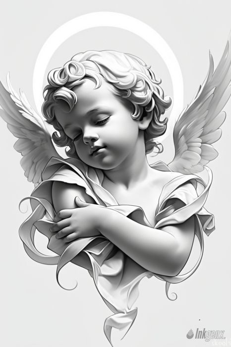 All Shading Tattoo, Angel Talking In Ear Tattoo, Angel Cherub Drawing, Angels Tattoo Designs, Cherubim Angels, Neotraditional Tattoo Design, Cherub Tattoo Designs, Angel Sculpture Art, Angels Tattoo