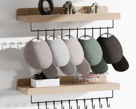 PRICES MAY VARY. 【Exceptional Value Hat Rack】Opting for our Paulownia hat organizer grants you two sets of wall racks, comprising two 15-inch solid wood racks and two metal racks, accompanied by 20 rust-resistant "S” hooks. The metal bars and solid wood shelves are adaptable for separate use, doubling as storage for scarves, coats, belts, and purses in your room, or serving as a bathroom organizer for towels, or in your entryway for bags and keys. 【Thoughtful Design】Installation is a breeze. The Mitten And Hat Storage Ideas, Mudroom Hat Storage, Baseball Hat Storage Ideas, Storage For Scarves, Hat Storage Ideas, Baseball Hat Storage, Hat Organizer, Scarf Storage, Hat Organization