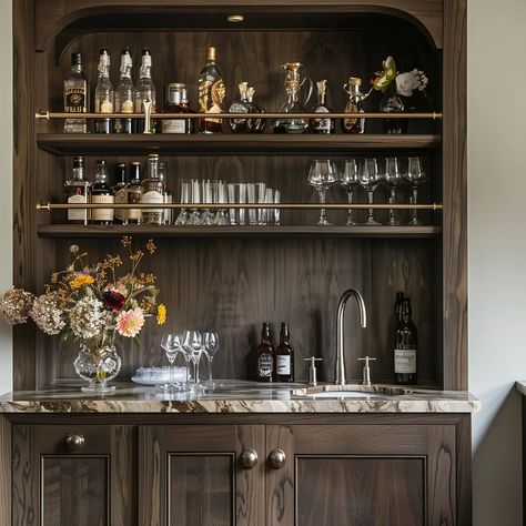 Bar Staging Ideas, Open Bar Shelving, In Home Bar Room, Masculine Wet Bar, Mini Bar In Kitchen, Butlers Nook, Bar In Closet, Moody Wet Bar, Luxury Wine Bar