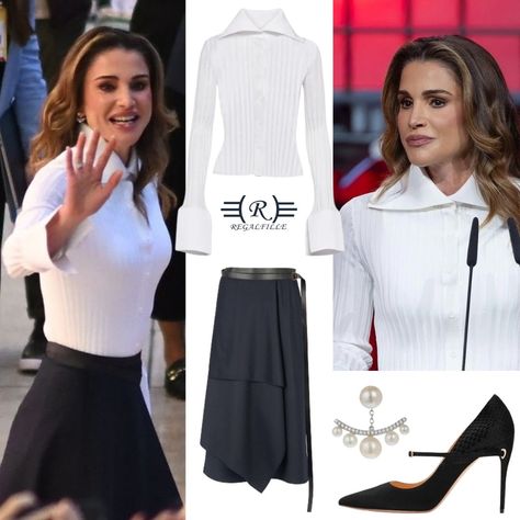 Queen Rania of Jordan wore white Loewe ribbed knit cardigan, Fendi Asymmetrical skirt, Elise Dray pearl earrings and Jennifer Chamandi pumps for the Qatar web summit. More details on Regalfille Queen Of Jordan, Jennifer Chamandi, Queen Rania Of Jordan, Rania Of Jordan, Queen Rania, Rib Knit Cardigan, Asymmetrical Skirt, Doha, Qatar