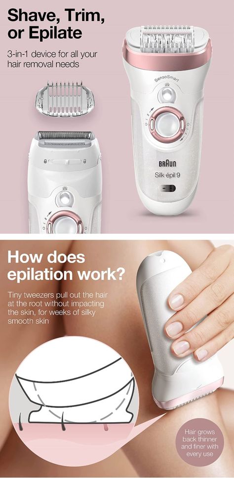 LONG-LASTING RESULTS: epilate once and get smooth skin for up to 4 weeks with America's #1 epilator brand. EFFICIENT: remove 4x shorter hair than wax, adapts to every contour for an efficient epilation, even in difficult areas like the knee and underarm. CONVENIENT: as easy as shaving, as long-lasting as wax for salon-like smooth skin at-home. Cordless and rechargeable 100% WATERPROOF: you can use in the shower or bath. Epilation becomes virtually painless with frequent use in water. Braun Silk Epil 9, Braun Epilator, Hair Removal Spray, Best Hair Removal Products, Unwanted Hair Growth, Underarm Hair Removal, Hair Removal Devices, Beauty Makeover, At Home Hair Removal