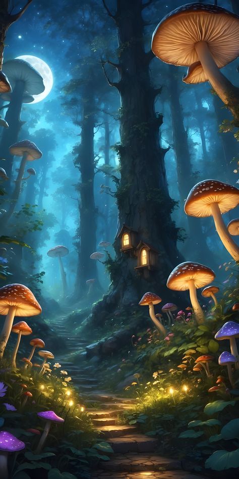 Forestcore Background, Magical Forest Acrylic Painting, Mystical Forest Tattoo, Mythical Mushrooms, Magical Forest Drawing, Enchanted Forest Drawing, Magic Forest Aesthetic, Fairy Forest Aesthetic, Mushroom Wallpaper Aesthetic