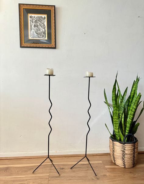 Vintage zig zag wrought iron candleholders. The price is per candleholder.  DIMENSIONS 11ʺW × 10ʺD × 38.5ʺH Good vintage condition. No structural issues. Floor Candelabra Decor, Floor Candle Holders Tall, Candelabra Decor, Floor Candelabra, Parlor Room, Floor Candle Holders, Decor 2024, Iron Decor, Wrought Iron