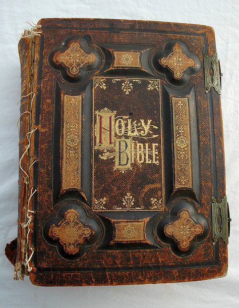 Holy Bible, dated 1885, antique gold lettering, leather and board, held together with dental floss.  120 year old Bible binding held together with dental floss, rusted metal clasps (120 years as of 2005). This bible was originally used in a Protestant church in Oklahoma, from a private family there. The page style is gothic. Prayer Books, Oldest Bible, The Holy Bible, Handmade Books, Old Book, Old Books, Book Binding, I Love Books, Holy Bible