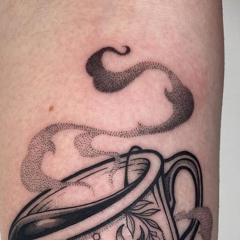 - P H I A - on Instagram: "Spillin the tea with good vibes only ✌🏽 Thank you, Olivia!! #stippletattoo #boldtattoo #blackinktattoo #dotworktattoo #blackworktattoo #witchytattoo #tattooartist #nyctattoo #brooklyntattoo" Dark Witchy Tattoos, Tea Leaf Tattoo, Tea Leaves Tattoo, Tea Bag Tattoo, Leg Tats, Tea Tattoo, Brooklyn Tattoo, Nyc Tattoo, Witch Tattoo