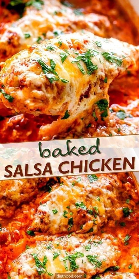 Savor the flavors of this delicious Salsa Chicken prepared with juicy chicken breasts baked with fresh tomato salsa, then topped with gooey, melted cheese. This easy and delicious recipe is a family favorite, perfect for weeknight dinners or parties. Mexican Chicken Breast, Baked Salsa Chicken, Drumstick Chicken, Healthy Food Recipes Easy, Boneless Skinless Chicken Breast Recipes, Skinless Chicken Breast Recipes, Homemade Taco Seasoning Mix, Piccata Recipe, Casserole Chicken