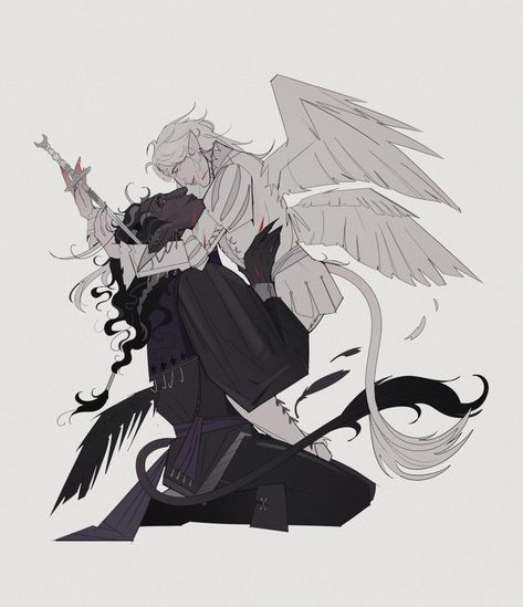 Demon Template Drawing, Angel X Demon Art, Angel And Demon Oc, Angel And Demon Aesthetic, Angel And Demon Art, Male Angel Oc, Angel Oc Male, Angel Oc Art, Fallen Angel Oc