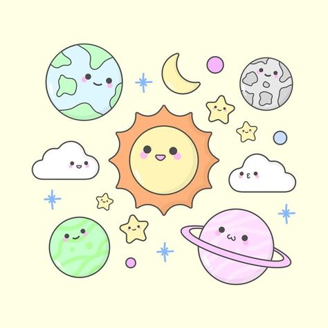 Sun And Moon Cute Drawing, Cute Planets Drawing, Cute Sun Doodle, Cute Space Drawings, Cute Planet Drawings, Cute Clouds Drawing, How To Draw A Moon, Cute Space Doodles, Western Pfp