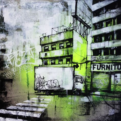 Urban Illustration Art, Urbanisation Art, Graffiti Building Drawing, Urban Environment Art, Graffiti City Drawing, City Art Drawing, Urban Moodboard, Gcse Art Buildings Final Piece, Graffiti Art On Buildings