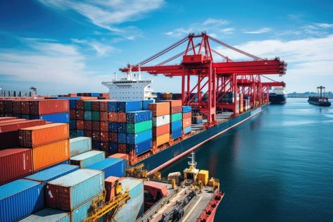 Vibrant and busy cargo port with ships, cranes, and containers royalty free stock images Container Ship Illustration, Cargo Ship Illustration, Transportation Logistics, Logistics Transportation Trucks, Cargo Transport, Cargo Container, Cargo Shipping, Stock Images Free, Stock Illustration