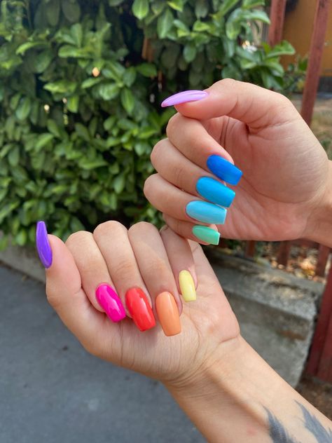 Multi Coloured Nails Summer, Multicoloured Nails Summer, Bright Colourful Nails, Bright Rainbow Nails, Bright Birthday Nails, Multi Colored Nail Designs, Neon Multicolor Nails, Two Color Nails On Each Hand, Multi Colored Nails Spring