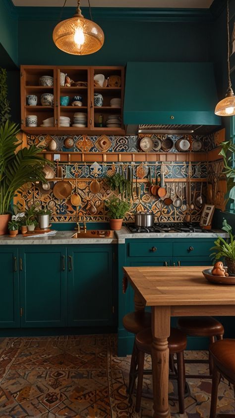 Retro Kitchen Colors, Witchy Kitchen Ideas, Fun Kitchen Ideas, Colorful Eclectic Kitchen, Dark Blue Kitchen Cabinets, Cramped Kitchen, Average Kitchen, Earthy Kitchen, Colorful Kitchens