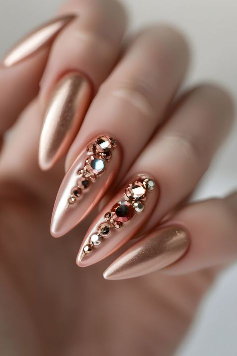 Shine bright with rose gold chrome nails and crystal rhinestones. Follow us for more stunning nail art ideas. Visit our blog on the bride’s ultimate guide to perfect wedding nails. Elegant Touch Nails | Simple Summer Nails | Trendy Nails | Nails Design Summer | Nails Elegant Classy | Nails Inspo 2024 | Wedding Day Nails | Nails 2024 Summer | Minimalist Nails | Elegant Nails | Nails Summer 2024 | Nails With Charms | Nails Easy | White Nails | Nails Design With Rhinestones Rose Gold Chrome Nails, Chrome Nail Designs, Wedding Day Nails, Gold Chrome Nails, Elegant Touch Nails, Rainbow Nails Design, Rose Gold Chrome, Chrome Nails Designs, Chrome Nail