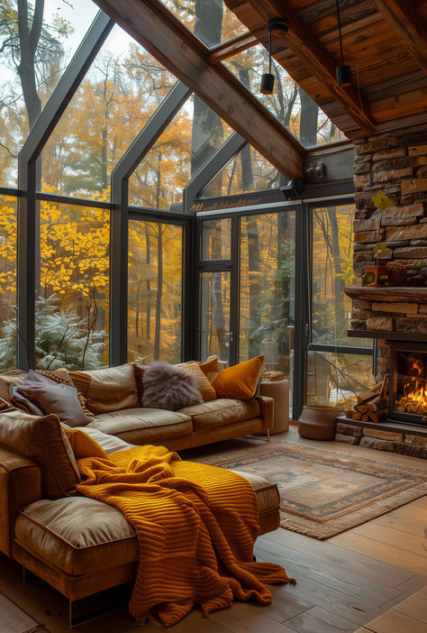 Wrapped in the warmth of a stone hearth, under a canopy of glass, autumn's embrace fills this cozy cabin, where forest views whisper tales of serenity. Cozy Forest Cabin, Cozy Forest Living Room, Forest Cottage Interior, Cozy Forest House, Forest House Interior, Cozy Cabin Interior, Peaceful House, Pretty Visuals, Stone Hearth