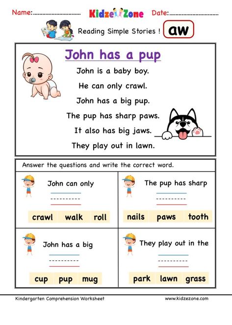 Word Family Reading Comprehension, Family Reading Comprehension, Kindergarten Comprehension Worksheets, Aw Words, Phonics Reading Activities, Kindergarten Comprehension, Word Family Reading, Ccvc Words, Phonics Reading Passages