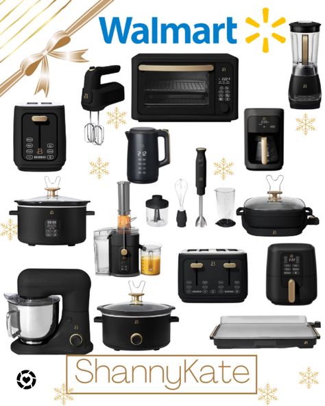 Black Gold Kitchen Appliances, Black Kitchen Items, Black Gold Kitchen Decor, Black Kitchen Accents, Black Kitchen Appliances Decor, Black And Silver Kitchen Decor, Beautiful By Drew Barrymore Kitchen, Matte Black Kitchen Appliances, Black And Gold Kitchen Decor