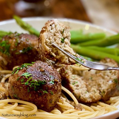 Chicken Piccata Meatballs Chicken Piccata Meatballs, Ground Beef Meatballs, Tender Meatballs, Seasoned Bread Crumbs, Meatball Ingredients, Beef Meatballs, Pasta Plates, Chicken Piccata, Steamed Vegetables