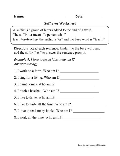 Suffixes -er Worksheets Er Worksheets, Prefix Worksheet, Suffixes Worksheets, Teaching 3rd Grade, Conversation Starters For Kids, Advance English, Learning Words, Sequencing Worksheets, Worksheet For Kindergarten