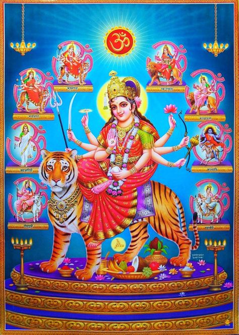 Navdurga - Nine Forms of Durga  Artist: Yogendra Rastogi (via ebay: Indian_ash) Nava Durga, Goddess Images, Nav Durga, Hindu Cosmos, Lord Shiv, Lord Durga, Chaitra Navratri, Durga Ji, Durga Devi