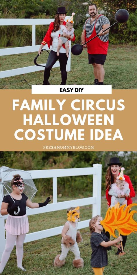 Halloween Costume Idea. DIY Halloween. A DIY Family Circus Costume complete with Strong Man, Lion Tamer - Ring Master, Lion, Acrobat, Fire Breather and Clown! Spooky family costumes. Spooky family photoshoot. Family Costume Circus, Circus Costumes Diy, Family Circus Halloween Costumes, Family Circus Costumes, Diy Circus Costume, Circus Costume Diy, Circus Costume Kids, Circus Family Costume, Circus Themed Costumes