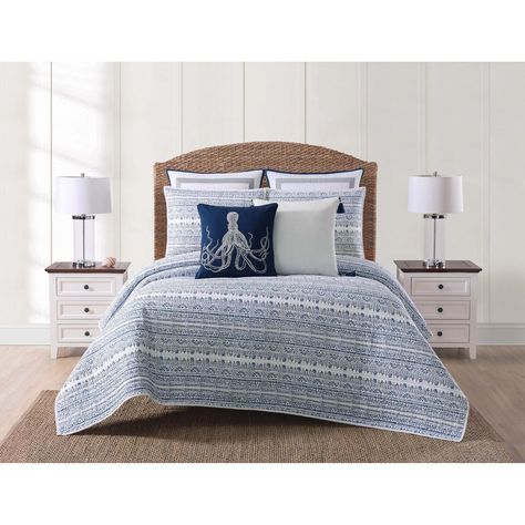 Oceanfront Resort Reef 3-Piece White and Blue King Quilt Set-QS2358KG-2300 - The Home Depot Blue Comforter Sets, King Quilt Sets, Coastal Room, Twin Xl Comforter, Blue Duvet, King Comforter Sets, Bed Lights, Queen Comforter Sets, Queen Comforter