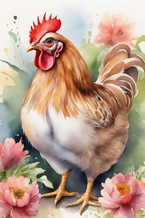 Yard With Flowers, Chicken Paintings, Cool Drawings For Kids, Farm Animal Paintings, Animals Painting, Chicken Pictures, Farm Pictures, Rooster Painting, Landscape Painting Tutorial