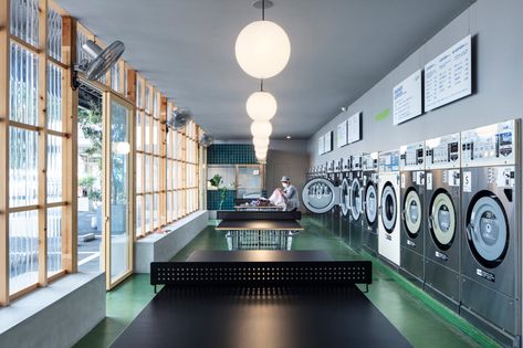 Take a look Inside Laundry Holiday/Yoshio Ice Cream | Hypebeast Coin Laundromat, Laundromat Business, Laundry Business, Commercial Laundry, Laundry Mat, Laundry Shop, Concrete Bench, Wash N Go, Off Grid Cabin