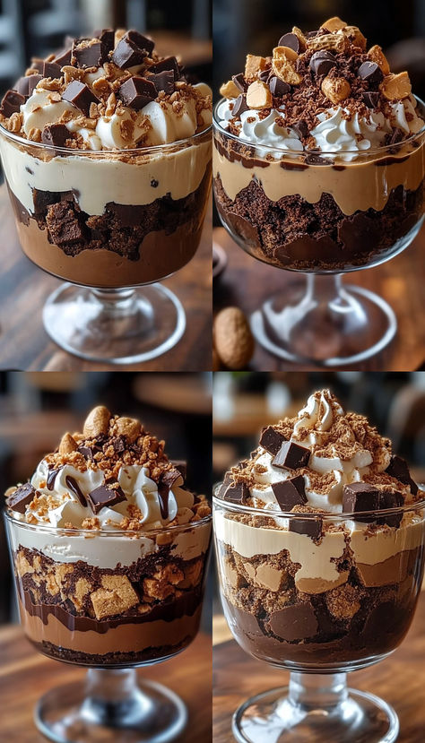 This decadent Chocolate Peanut Butter Brownie Trifle is packed with rich brownies, creamy peanut butter mousse, and chocolate pudding. Perfect for chocoholics and peanut butter lovers alike! Chocolate Mousse Trifle Desserts, Peanut Butter Chocolate Trifle, Gourmet Chocolate Peanut Butter Cups, Christmas Desserts Trifle, Brownie Trifle Recipes, Chocolate Mousse Brownies Recipe, Chocolate Peanut Butter Trifle, Peanut Butter Brownie Trifle, Peanut Butter Chocolate Mousse