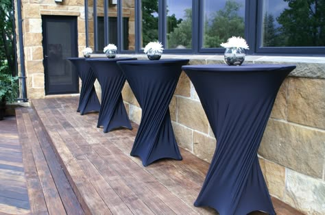 Cocktail Table Spandex Cover Decor, All Black Cocktail Party Decor, Black Cocktail Table Decor, High Top Table Centerpieces, High Top Table Decor, Corporate Cocktail Event, Black Cocktail Table, Cocktail Table Centerpieces, Wellness Center Design