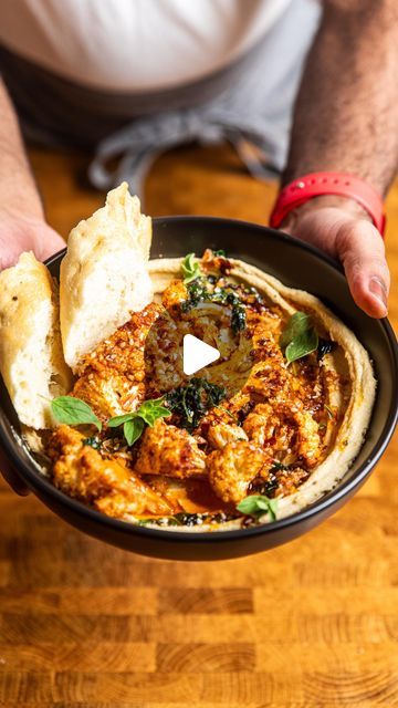 Danilo Stankovic, Herb Oil Recipe, Andrew Bernard, Bread Naan, Cauliflower Hummus, Hummus Bowl, Oven Roasted Cauliflower, Herb Oil, Hummus Recipe Homemade