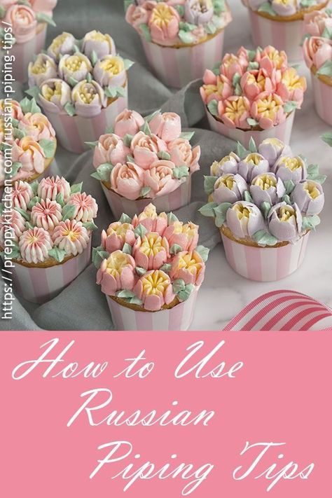 Russian piping tips allow you to create large numbers of uniform flowers very quickly so decorating your cakes and cupcakes flies by in a snap! via @preppykitchen Russian Cake Decorating Tips, Tips Preppy, Russian Cake Tips, Russian Cake Decorating, Icing Consistency, Russian Cake, Russian Nozzles, Rose Cupcake, Savory Cakes