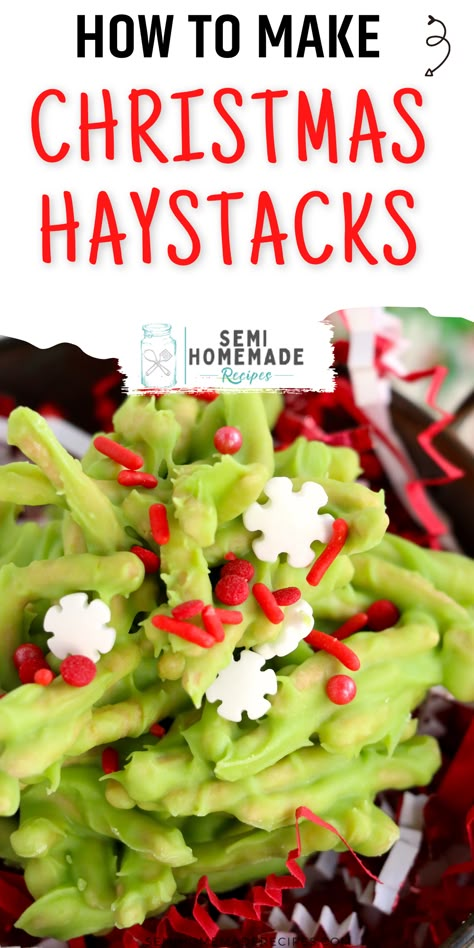 Christmas Haystacks Candy is an old fashioned vintage candy that people around here have been making for decades. This festive and easy Christmas dessert combines chow mein noodles, white chocolate and green coloring together with holiday sprinkles for a super cute treat. Candy Haystacks Chow Mein, White Haystacks Recipe, Christmas Haystacks Recipe, Christmas Treat Packaging Ideas, Candy Haystacks, Christmas Haystacks, Haystack Candy, Semi Homemade Recipes, Chocolate Haystacks