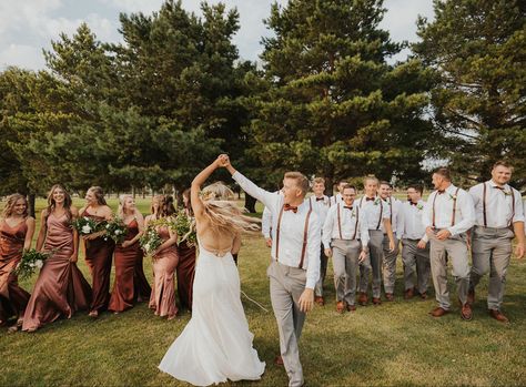 Wedding Party Fall Attire, Terracotta And Grey Wedding Party, Rust And Gray Wedding, Groomsmen Bridesmaids Color Schemes, Fall Bridal Party Attire Color Schemes, Rustic Bridal Party Attire, Wedding Party Green Color Schemes, Champagne And Rust Wedding, Boho Wedding Party Attire