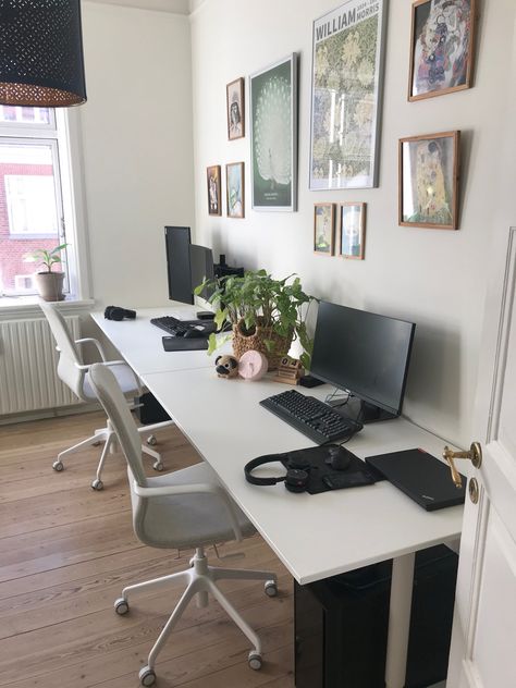 Apartment Office 2 Desks, Couple Shared Office, Home Office For Two Inspiration, Husband And Wife Shared Home Office, Two Desks In Living Room, Ikea Desk For 2, Office Room Ideas Home For Two, Duo Office Work Spaces, 2 Desks In Bedroom