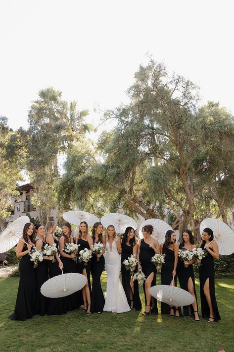 Bridal party portraits with parasols. Black White Bridal Party, Modern Coastal Wedding, Wedding Photography Detail Shots, Parasol Wedding, Bridesmaid Photoshoot, Dream Wedding Decorations, White Wedding Theme, Pinterest Wedding, Coastal California