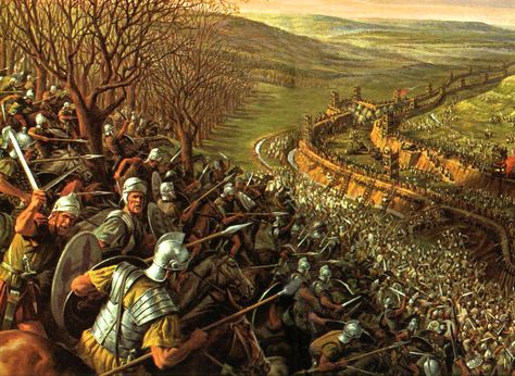 Roman cavalry counter attacks a Celtic force which is attacking the Romans that are laying siege to the Gaulic city of Alesia. Battle Of Alesia, Roman Cavalry, Rome History, Military Images, Roman Warriors, Roman Army, Roman Legion, Celtic Warriors, Roman Era