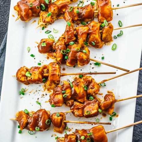 Chicken Satay With Peanut Sauce - Savory Tooth Peanut Butter Dipping Sauce, Quick Party Appetizers, Chicken Satay With Peanut Sauce, Satay Skewers, Thai Chicken Satay, Chicken Satay Skewers, Chicken Satay Recipe, Easy Peanut Sauce, Satay Recipe