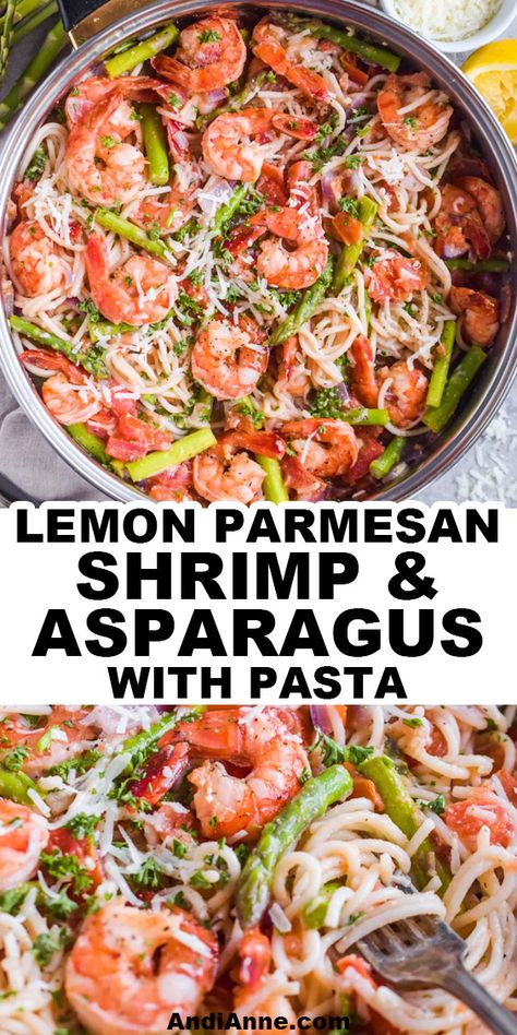 This easy shrimp asparagus pasta dinner is a favorite in our house. It’s on our monthly rotation because it’s so easy, requires little clean-up and is soo good! Seasoned asparagus, tomatoes, and shrimp are sauteed and mixed with spaghetti noodles and topped with parmesan and lemon juice for a deliciously satisfying meal that everyone can enjoy. Shrimp Scampi With Asparagus, Shrimp And Asparagus Recipes, Shrimp Asparagus Pasta Recipes, Seasoned Asparagus, Shrimp Asparagus Pasta, Recipes Using Pesto, Asparagus Pasta Recipes, Shrimp Asparagus, Scallop Pasta