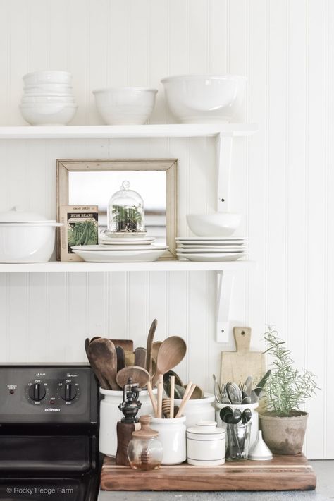 Growing Ferns Under Glass Bell Cloche | Rocky Hedge Farm Farm Kitchen Ideas, Spring Kitchen Decor, Spring Kitchen, Classic Kitchen, Kitchen Shelf, Farmhouse Style Kitchen, Modern Farmhouse Kitchens, Interior Modern, Cottage Kitchen