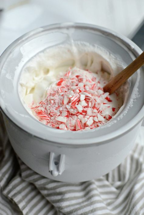 Peppermint Candy Cane Ice Cream l SimplyScratch.com Candy Cane Ice Cream Recipe, Candy Cane Ice Cream, Kitchen Aid Ice Cream Recipes, Kitchen Aid Ice Cream, Crushed Peppermint, Christmas Ice Cream, Ice Cream Recipes Machine, Peppermint Ice Cream, Sorbet Ice Cream