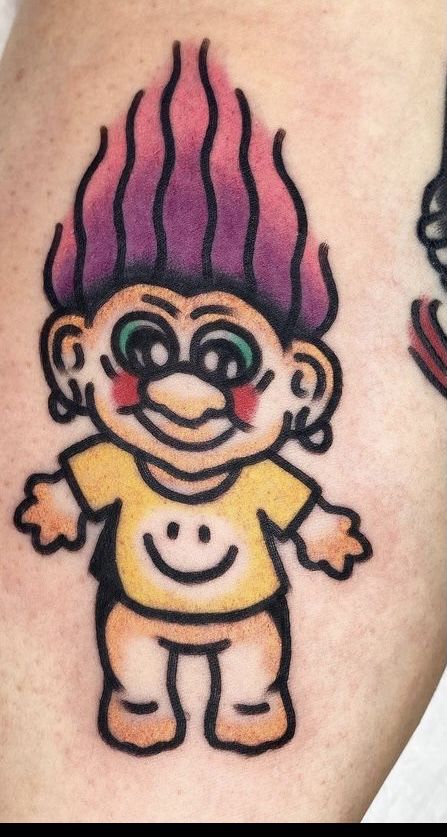 Old School Fairy Tattoo, Trolls Tattoo, Troll Tattoo, Character Tattoo Ideas, Minion Tattoo, Fake Skin Tattoo, Doll Tattoo, Traditional Tattoo Sleeve, Cartoon Character Tattoos