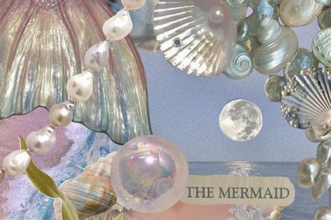 close up of collage from shuffles of seashells pearls mermaid tail the moon and ocean, mermaid aesthetic Mermaid Widget, Mermaid Core Widget, Fairy Type Aesthetic, Sea Aesthetic Wallpaper Laptop, Mermaidcore Background, Mermaid Banner Aesthetic, Mermaidcore Color Palette, Mermaid Widget Icon, Mermaid Core Laptop Wallpaper