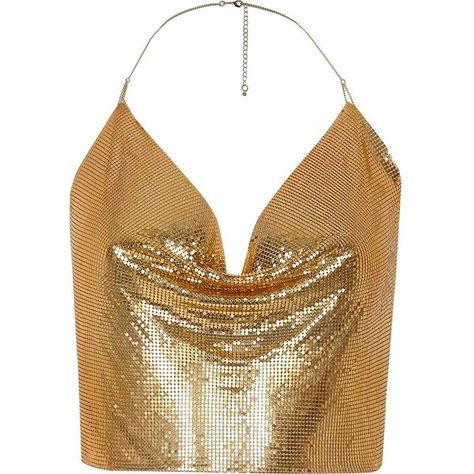 River Island Gold tone chainmail halter neck top ($50) ❤ liked on Polyvore featuring tops, cami / sleeveless tops, gold, women, halter tops, white halter neck top, white halter top, chainmail halter top and white sleeveless top White Camisole Top, Halter Cami Top, Chainmail Top, Tops Gold, White Cami Tops, Gold Sequin Top, White Camisole, Cowl Top, White Halter Top