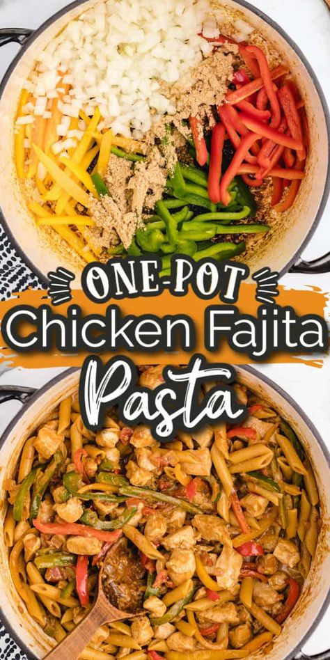 This One-Pot Chicken Fajita Pasta is bursting with flavor! We use classic chicken fajita ingredients like peppers and chicken but blend them together with a creamy pasta to make a quick and easy one-pot meal! One Pot Chicken Fajita Pasta, Fajita Pasta, Penne Pasta Recipes, Chicken Fajita Pasta, Pasta Chicken, Chicken Fajita, One Pot Chicken, Fajita Recipe, Healthy Pasta Recipes