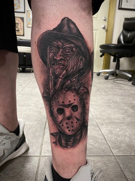 Freddy vs Jason Jason And Freddy Tattoo, Freddy Tattoo Horror, Freddy Jason Tattoo, Freddy And Jason Tattoo, Freddy Tattoo, Freddy Vs Jason Tattoo, Jason Tattoo Design, Freddy Vs Jason, Jason Tattoo