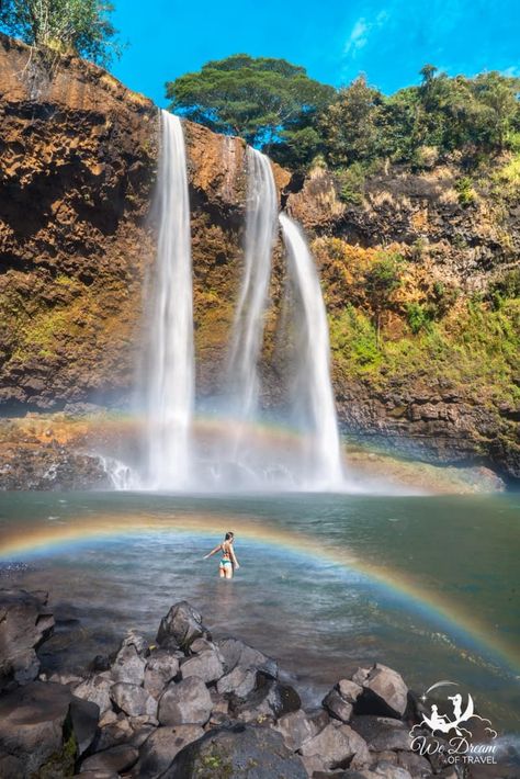 Wading through a rainbow at Wailua Falls. Kauai Photography, Kauai Waterfalls, Waterfall Quotes, Waimea Falls, Hawaii Itinerary, Red Sand Beach, Hawaiian Travel, Poipu Beach, Famous Waterfalls